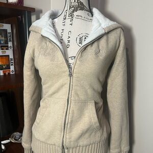 Tommy Hilfiger Women's Cream Zip-Up Teddy Jacket with embroidery